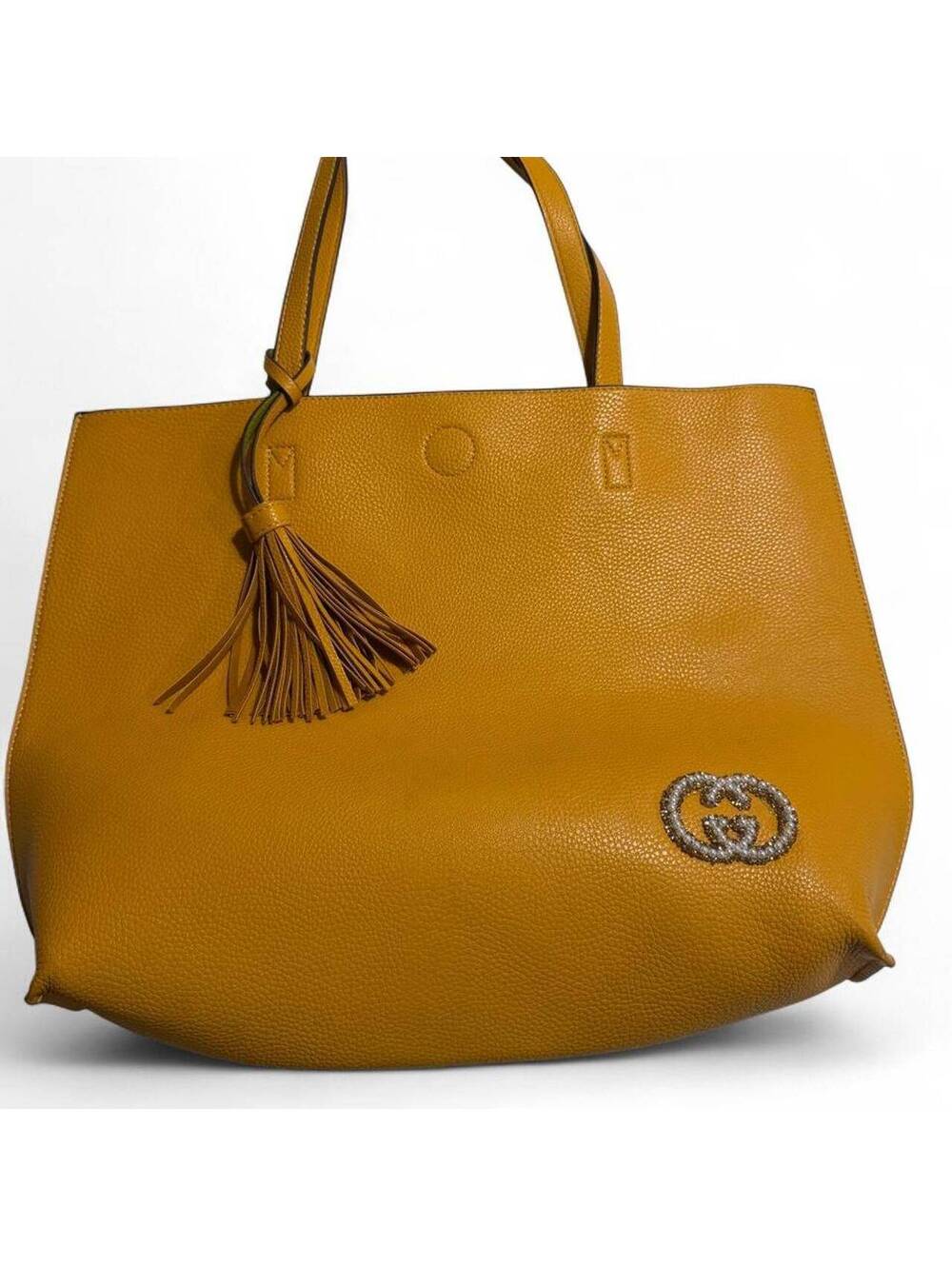 Yellow Leather Tote Bag with Tassel and Crystal GG Logo